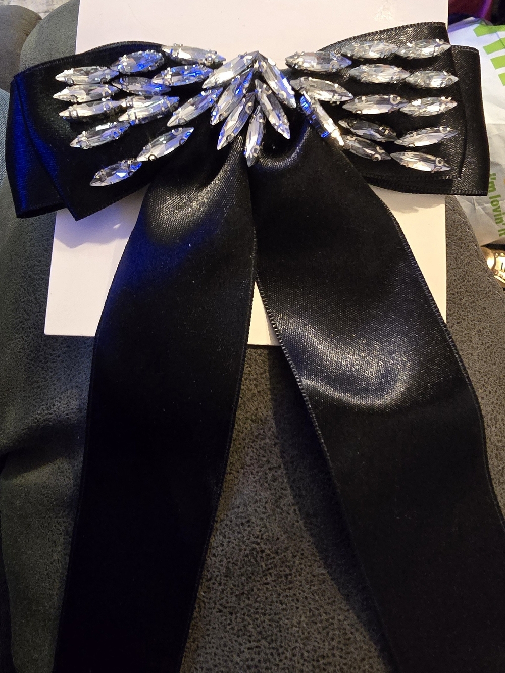 a new day Black Satin Bow Hair Clip with Clear Crystal Marquise Accents